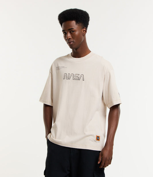 Maglietta in cotone beige con stampa NASA