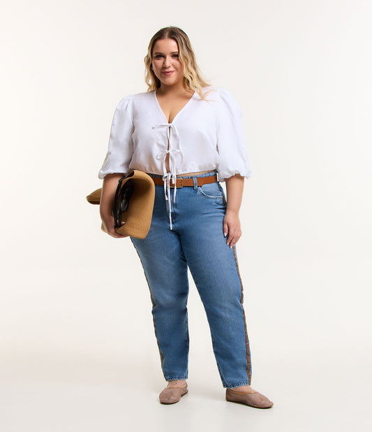 Vaqueros para mamás con estampado animal lateral, Curvas y tallas grandes, Azul