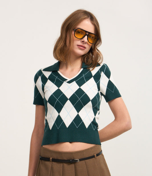 Green Argyle Checkered Jacquard Polo Shirt