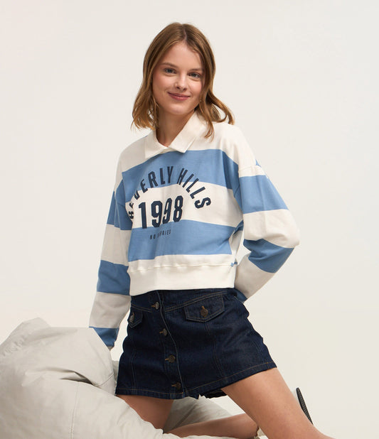 Striped Cotton Blouse with Beverly Hills Lettering in White/Blue