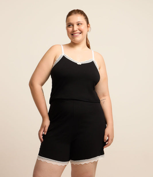 Camicia da notte corta in viscosa con pizzo - Curve e taglie forti, nero