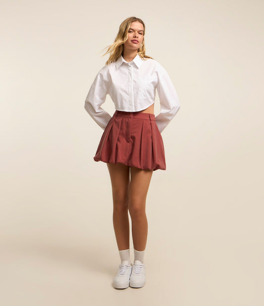 Red Short Balloon Skirt in Tailored Fabric with Medium Waist