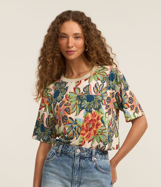 Cropped T-Shirt Blouse with Knitted Collar and Multicolor Floral Print
