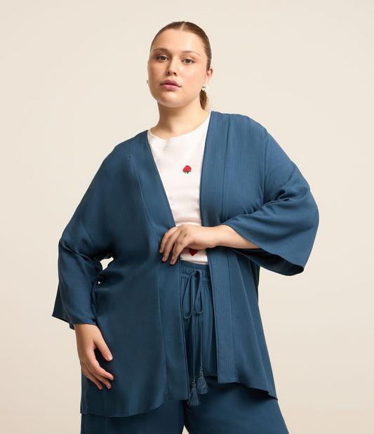 Kimono in viscosa con apertura totale, Curve e taglie forti, blu