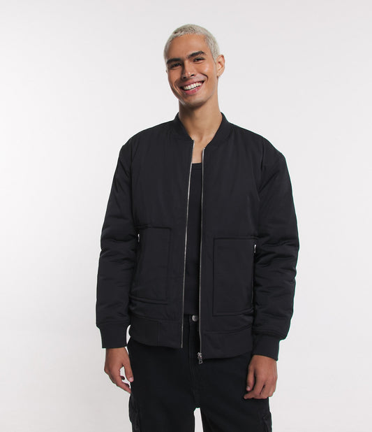 Black Bomber Jacket with Heavy-Duty Zipper and Internal Pocket