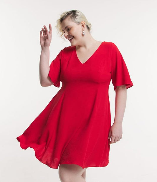 Vestido corto de crepé con mangas anchas y falda acampanada, Curvas y tallas grandes, Rojo