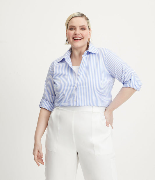 Camicia tricolore a maniche lunghe, Curve e taglie forti, blu/bianco