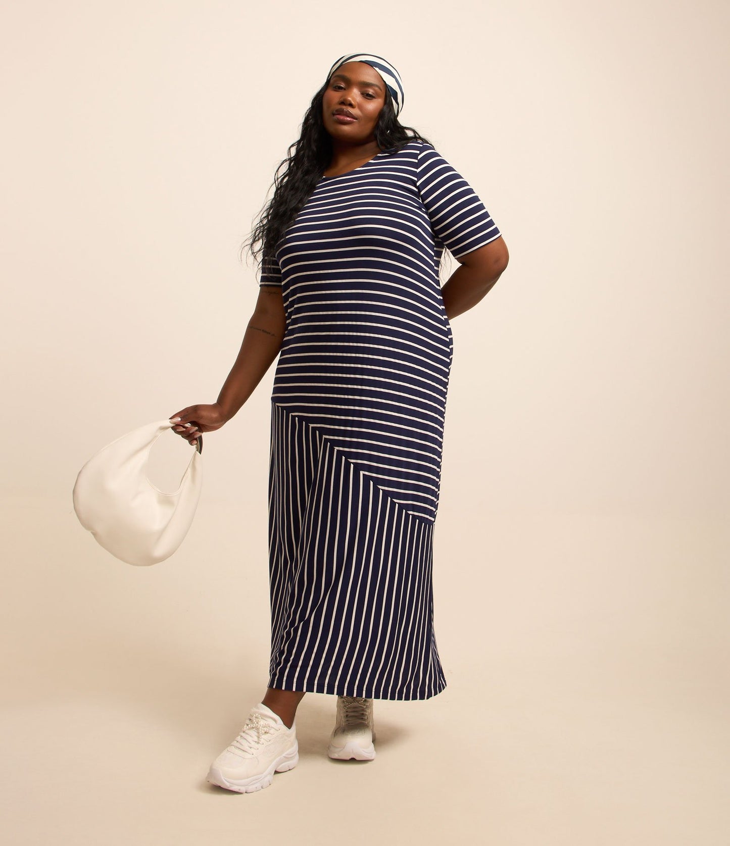 Vestito midi a righe in crepe di viscosa, Curve e taglie forti, blu