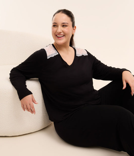 Pijama longo com renda contrastante, Curve e Plus Size, preto