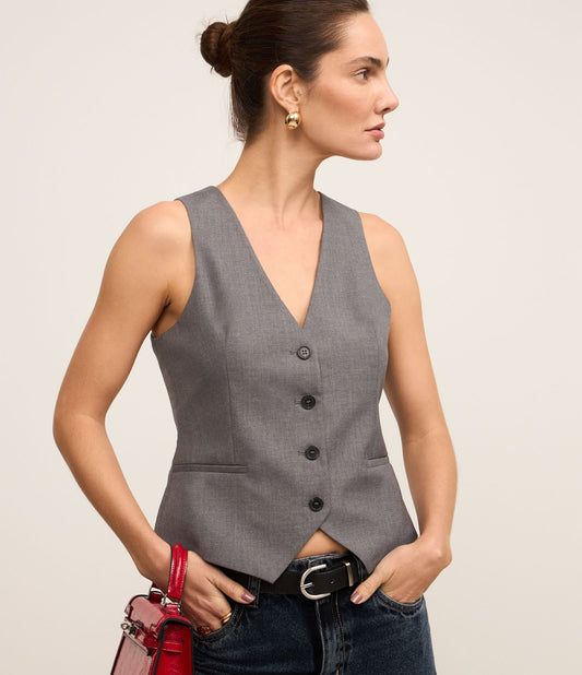 Gray Tailored Basic Vest with Buttons