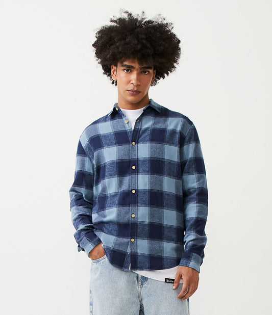 Dark Blue Long Sleeve Plaid Flannel Shirt