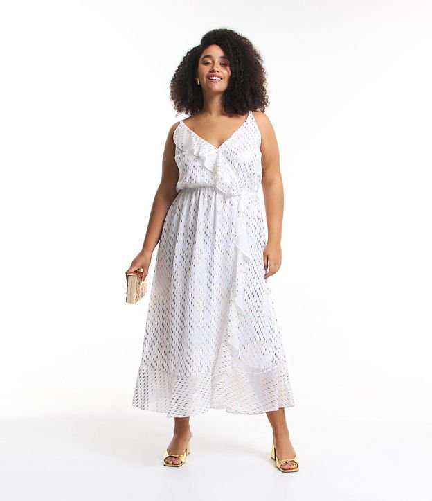 Vestido branco midi de chiffon com babados e estampa metálica - Curve e Plus Size