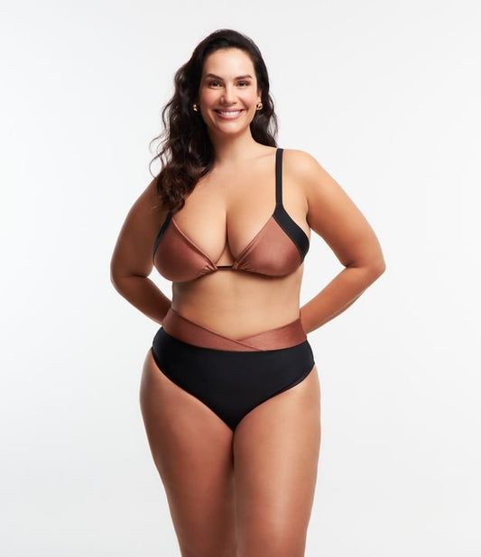 Bicolor Microfiber Triangle Bikini Top - Curve & Plus Size Black/Copper Brown