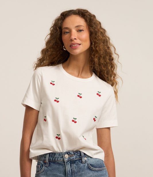 Camiseta Branca de Algodão com Bordado de Cereja