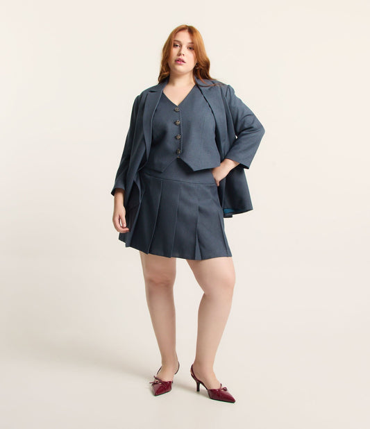 Falda Corta Plisada Sastre Azul - Curvas y Tallas Grandes
