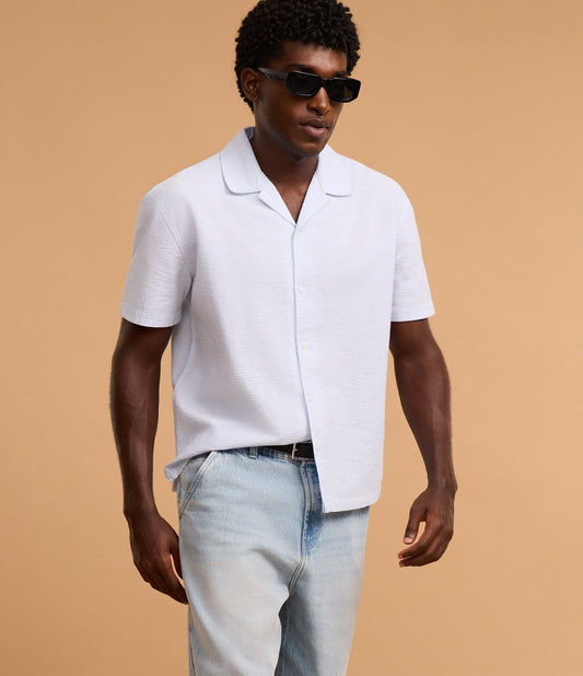 Camicia boxy in seersucker con stampa a righe blu