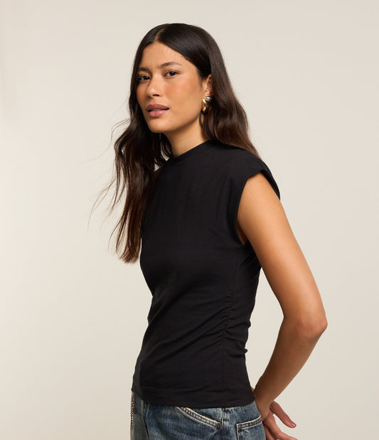 Black High-Neck Cotton Blouse with Side Ruching
