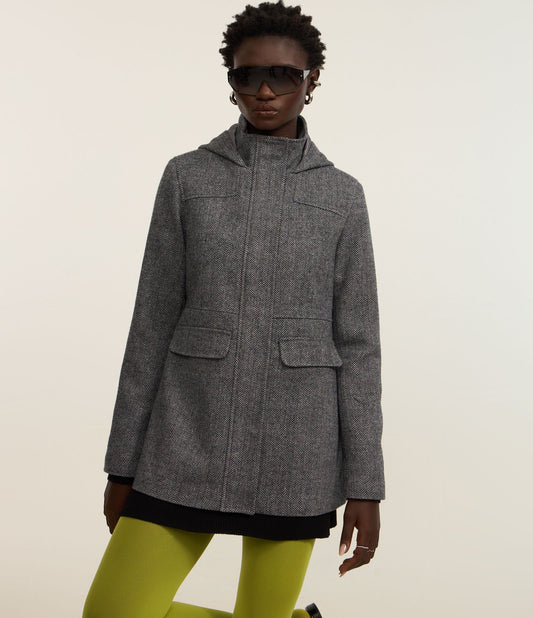 Long Gray Herringbone Polyvelour Coat with Pockets