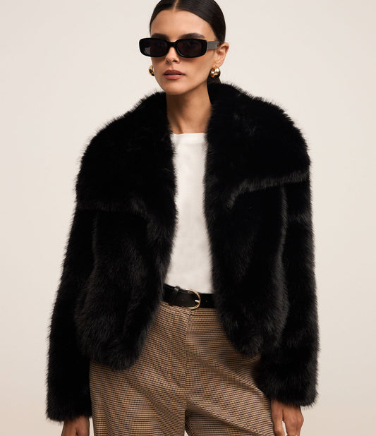 Black Coat with Lapel Collar and Faux Fur