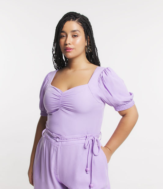 Blusa de Viscosa Lila con Mangas Abullonadas y Espalda Fruncida, Tallas Grande y Curva