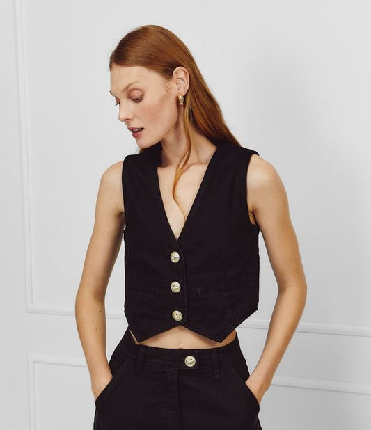 Gilet corto nero in twill con bottoni