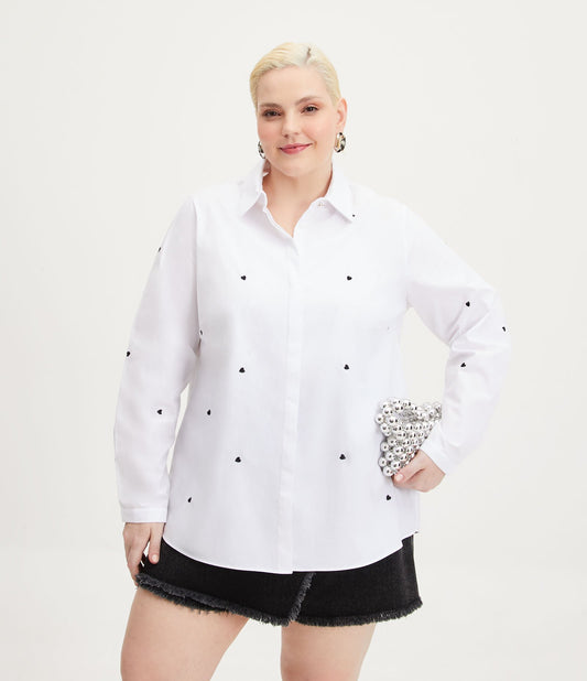 Camisa Tricoline Longa com Corações Bordados, Curve e Plus Size, Branca de Neve