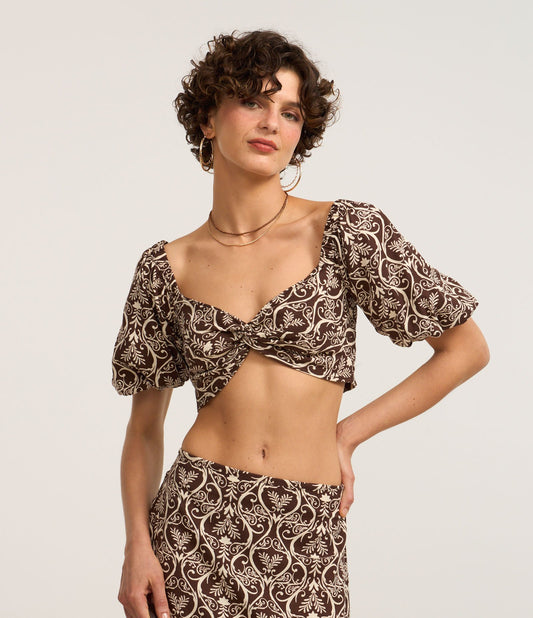 Brown Front-Twist Cropped Blouse in Viscose and Linen with Print