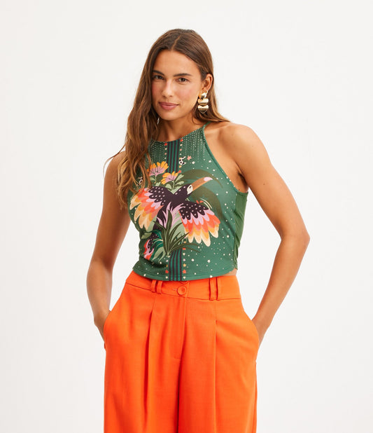 Green Tropical Print Ribbed Strap Top