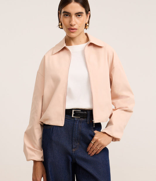 Giacca bomber in twill con drappeggio sulla schiena e cerniera posteriore rosa