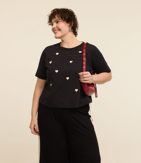 Camicetta in cotone nero con cuori ricamati - Curve e taglie forti