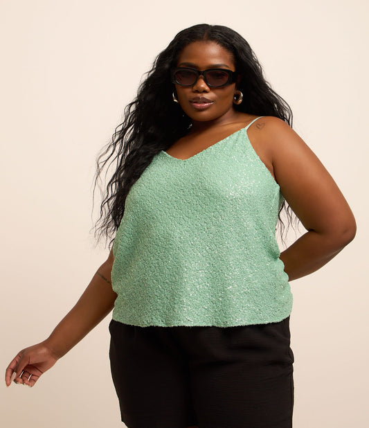 Camiseta regata de lantejoulas com forro de cetim Curve & Plus Size Green
