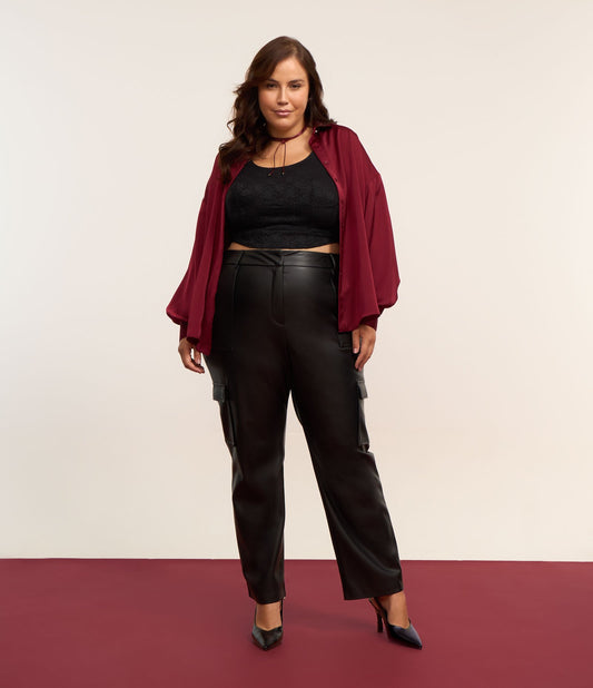 Pantaloni Cargo Pocket a gamba tesa in materiale sintetico, Curve e taglie forti, nero