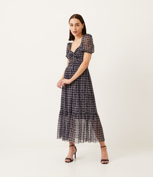 Vestito midi nero in tulle con busto increspato e maniche a sbuffo