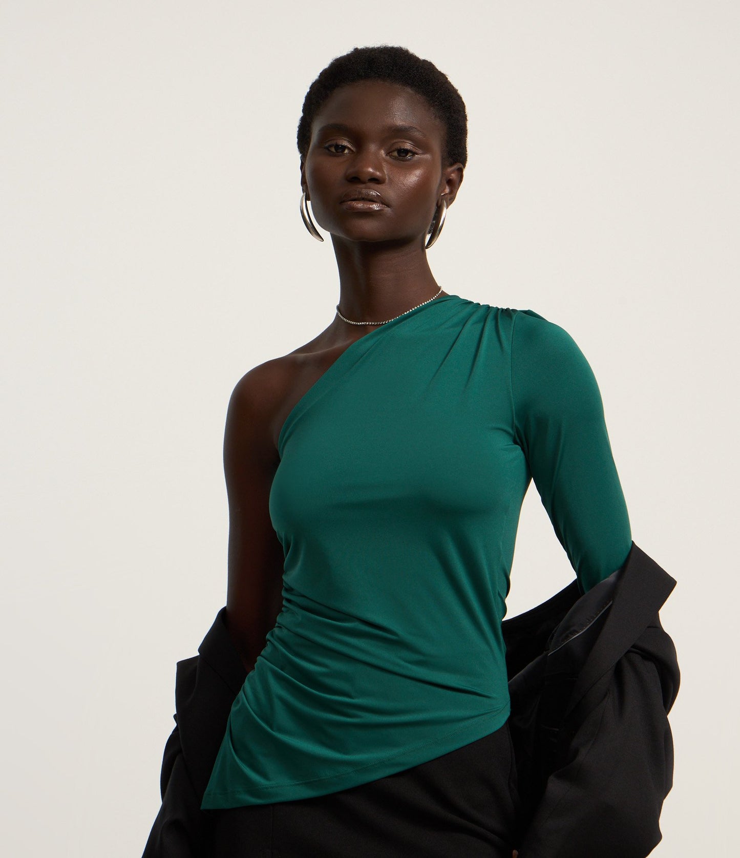 One-Shoulder Jersey Knit Top with Ruched Side in Green