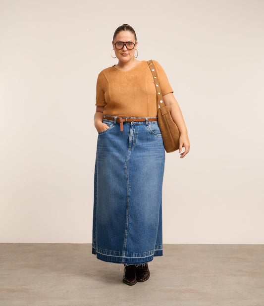 Gonna lunga in denim con orlo non rifinito Curve e taglie forti Blu