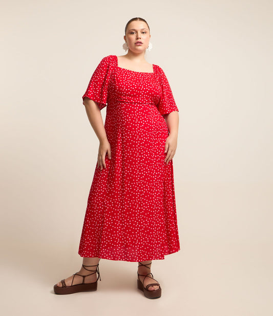 Vestito in viscosa con pois e vita a rombi, taglie forti e taglie forti, rosso