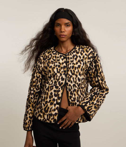 Animal Print Twill Trucker Jacket with Brown Pockets