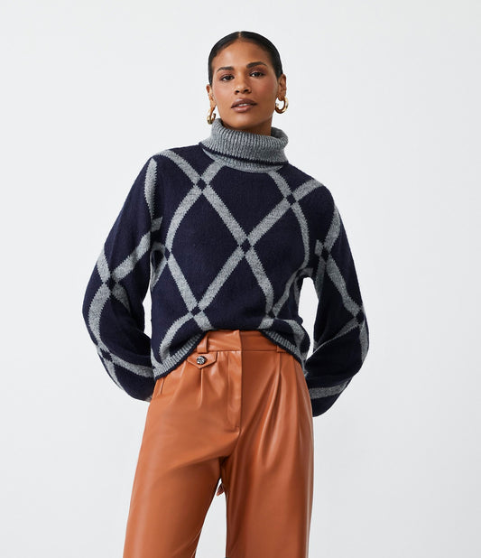 Maglione a collo alto con motivo geometrico blu