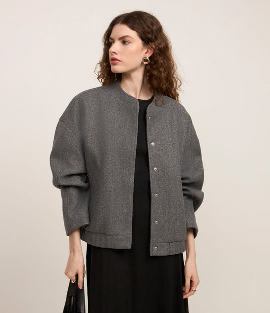 Bomber Jacket in Polyvelour with Pockets and Elastic Hem - Gray