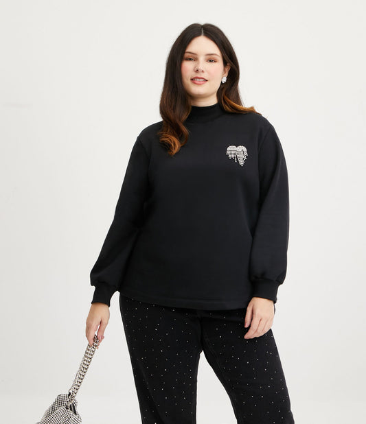 Moletom preto de manga longa com coração em strass - Curve e Plus Size
