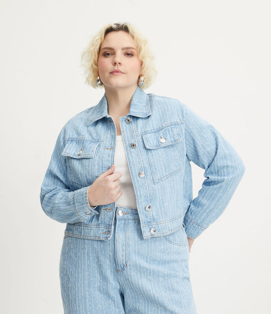 Laser-Distressed Textured Denim Jacket, Curve & Plus Size, Azul