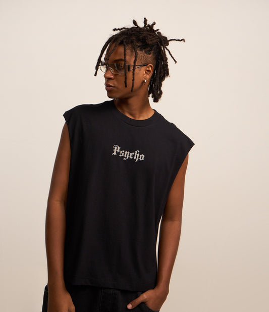 Canottiera Boxy in jersey nero con stampa Psycho