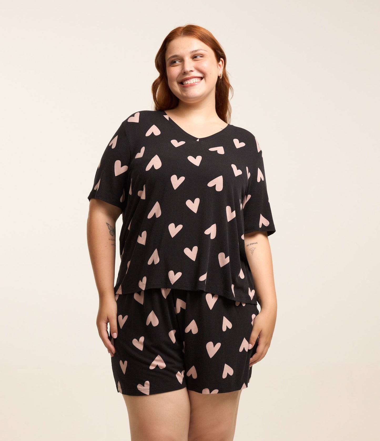 Pijama de viscose com estampa de coração, Curve & Plus Size, preto