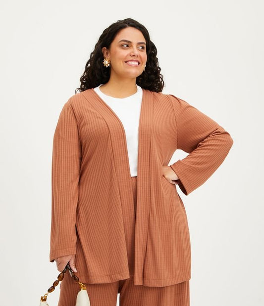 Cardigan lungo in maglia a coste, Curve e taglie forti, marrone