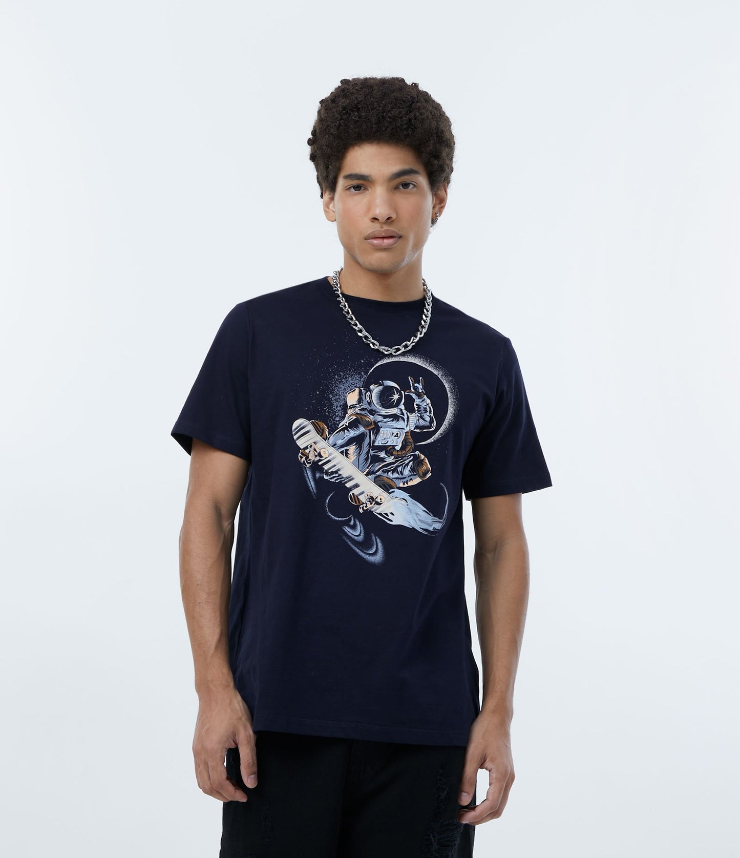 Short Sleeve T-Shirt in Jersey Knit with Blue Skater Astronaut Print