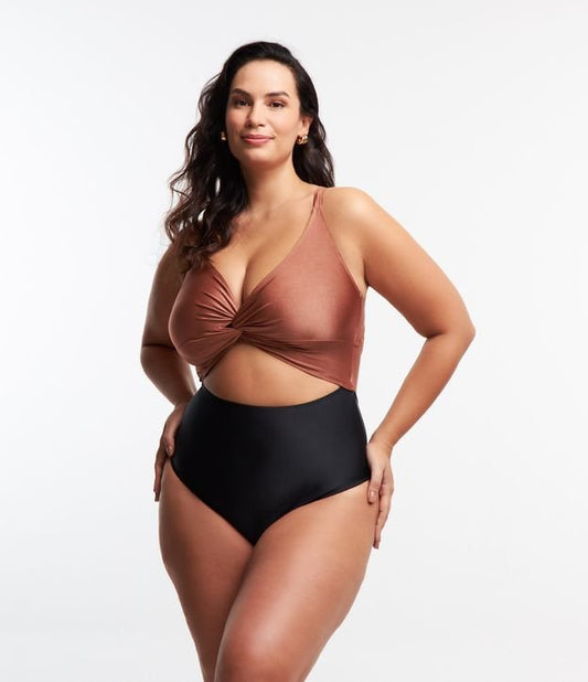 Lightweight Bicolor Microfiber Swimsuit with Twisted Bust in Copper Brown/Black