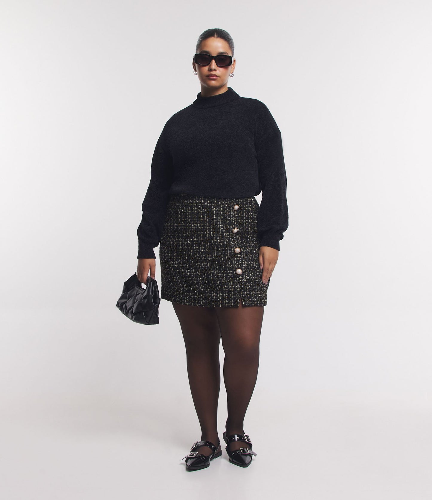 Gonna corta in tweed nero con bottoni unici - Curve e taglie forti