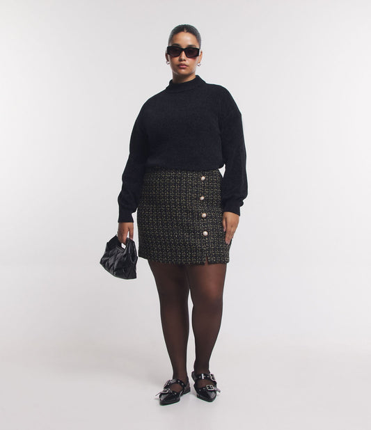Black Textured Tweed Short Skirt with Unique Buttons - Curve & Plus Size