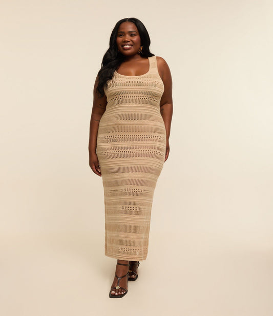 Vestido midi com efeito crochê bege - Curve & Plus Size