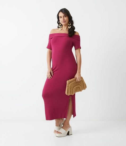 Vestido de maternidade midi vermelho de viscose com nervuras e sem ombros
